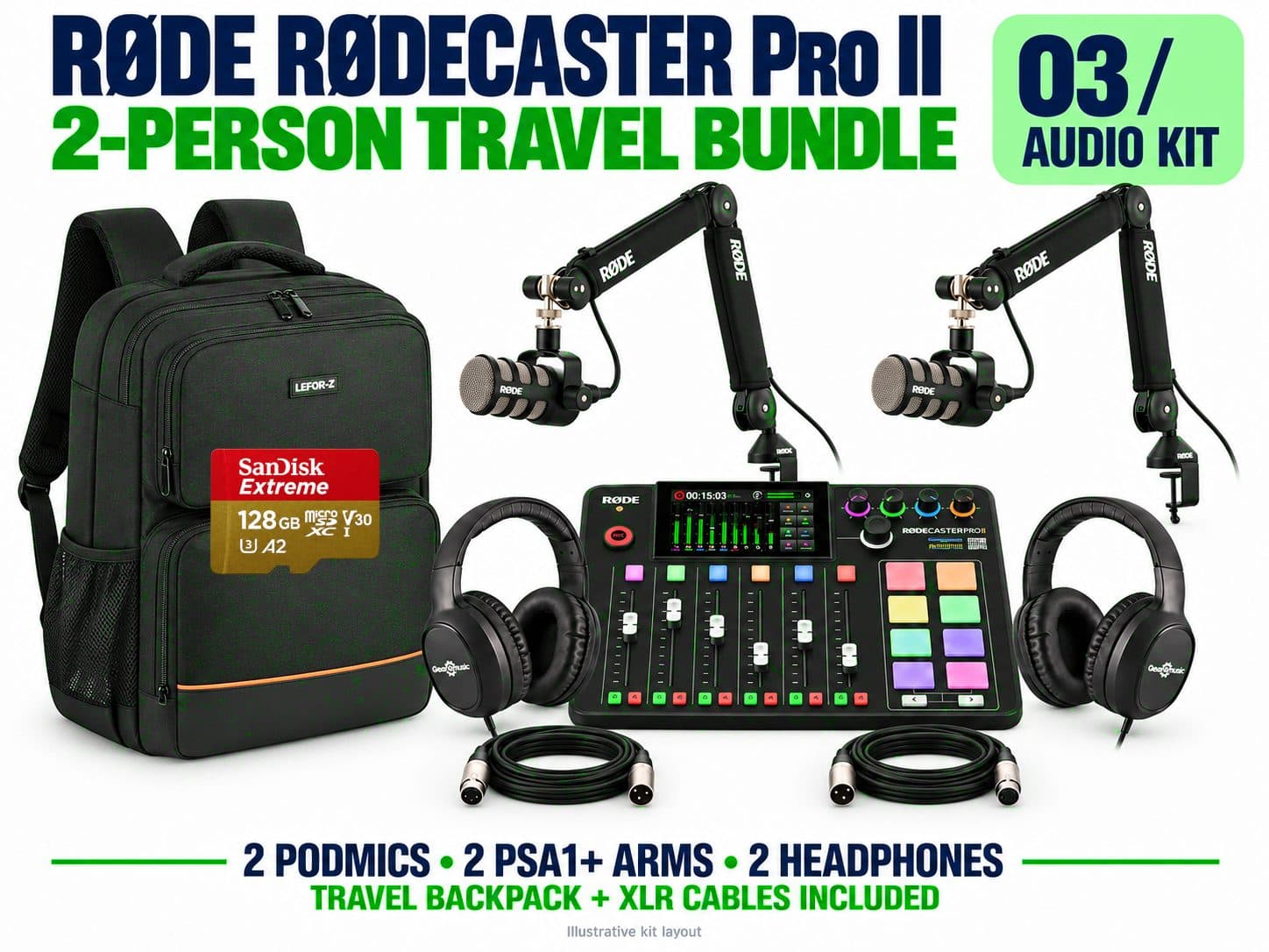 Portable 2-Person Podcast Kit – RØDECaster Pro II + 2 PodMics + PSA1+