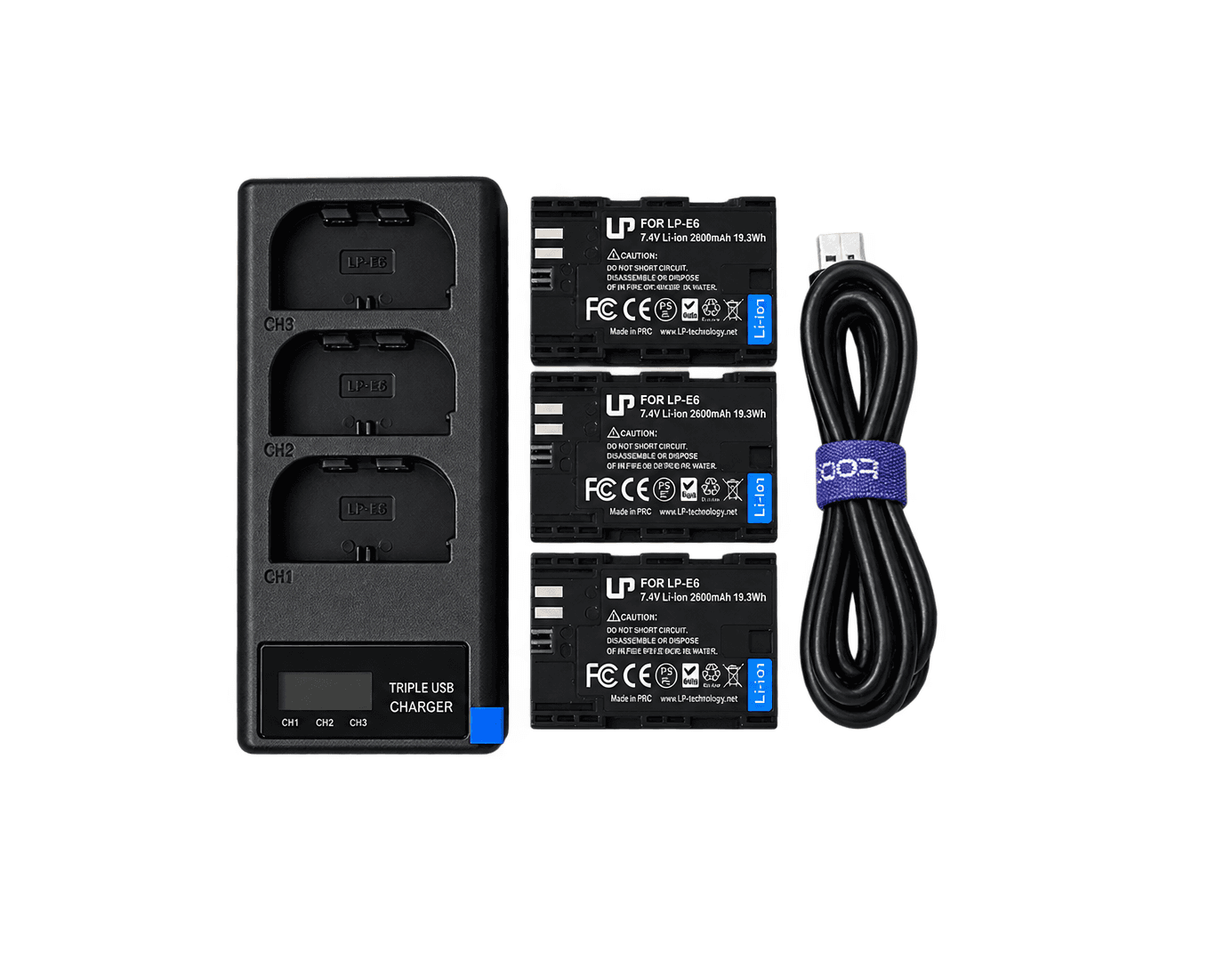 LP-E6 Camera Battery Kit – 3× 2600mAh Batteries + Triple USB Charger – photo 2