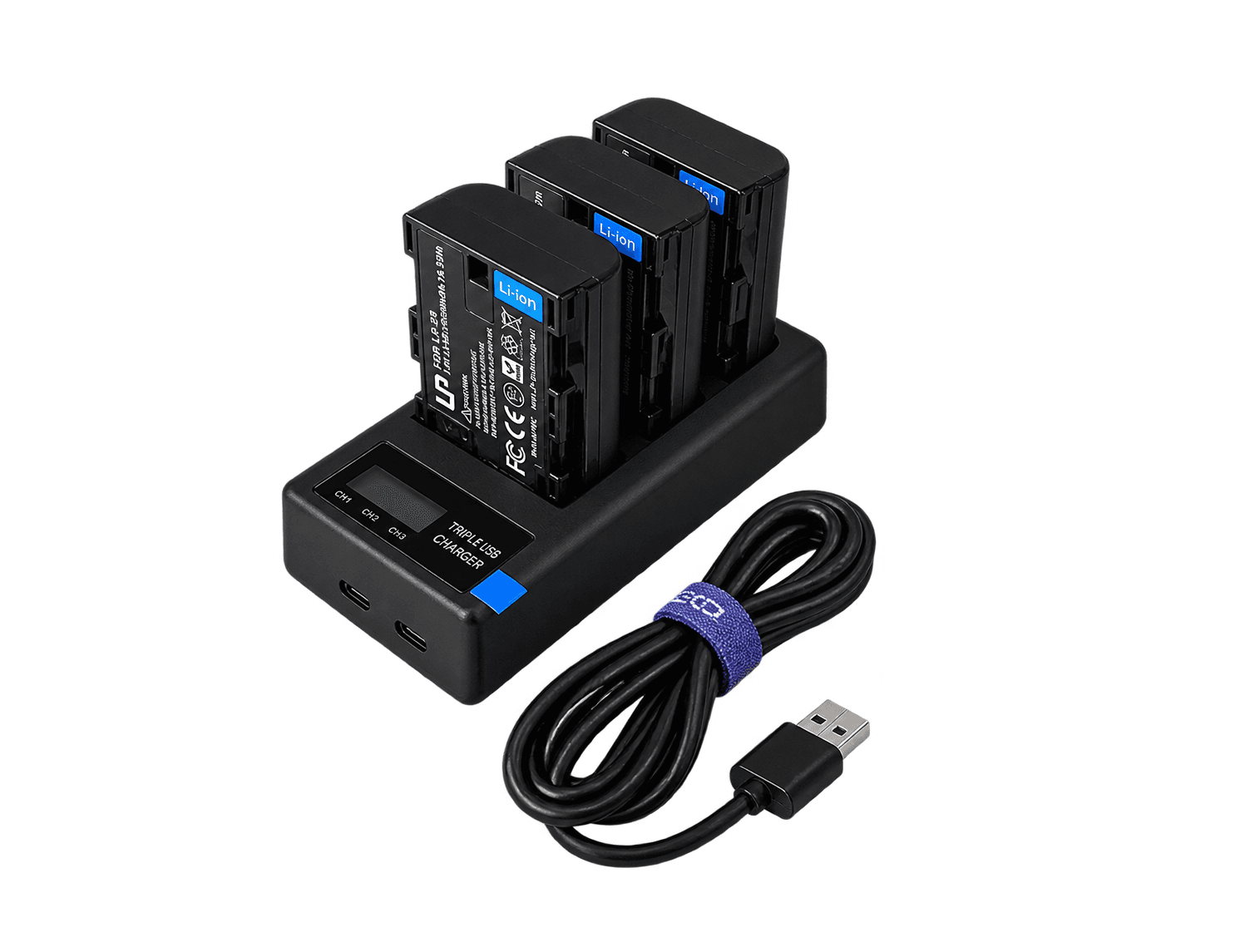 LP-E6 Camera Battery Kit – 3× 2600mAh Batteries + Triple USB Charger