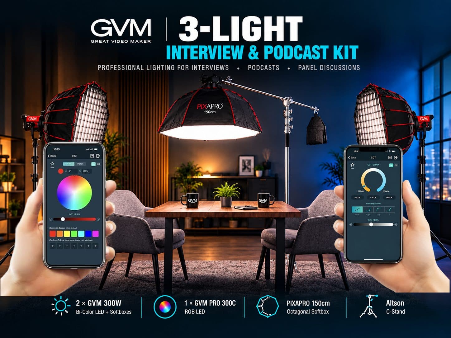 GVM 3-Light Interview & Podcast Lighting Kit – 2× 300W Bi-Color + RGB